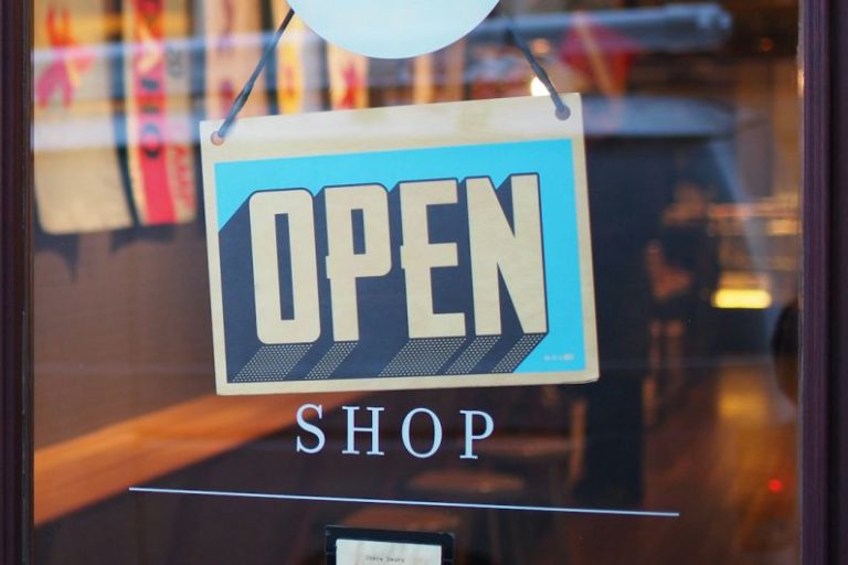 New Business - gray and blue Open signage