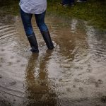 Rubber Adhesion - person with rain boots standing on body of water