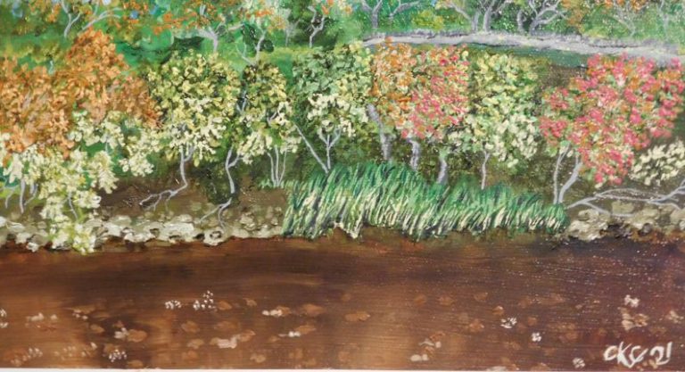 Local Resources - a painting of trees and water in a forest