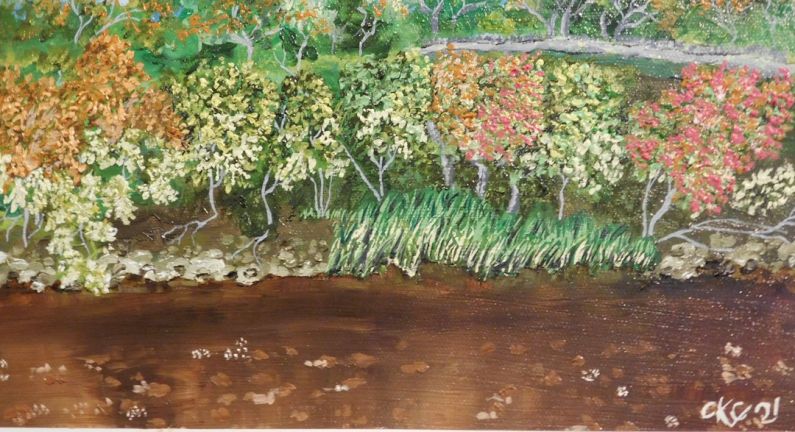 Local Resources - a painting of trees and water in a forest